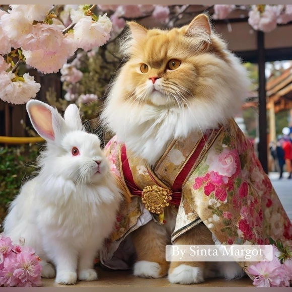 Digital AI art by new NWT high quality print of a cat and bunny in Japan - Picture 1 of 2